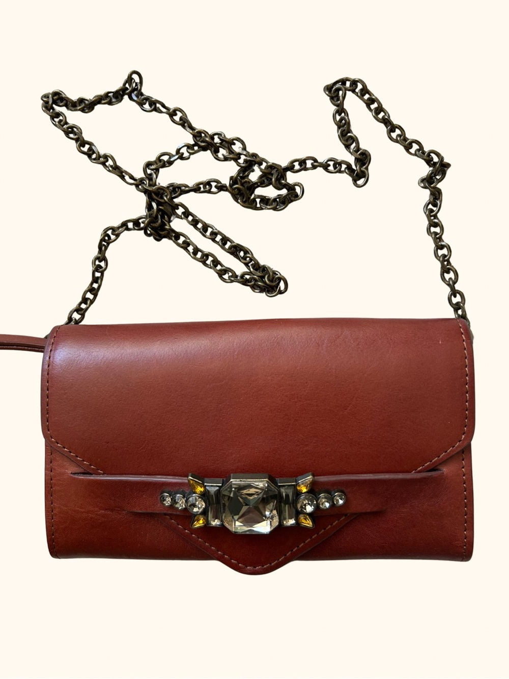 Anthropologie Leather Crossbody Bag with Gemstone Accent - Brown WOC